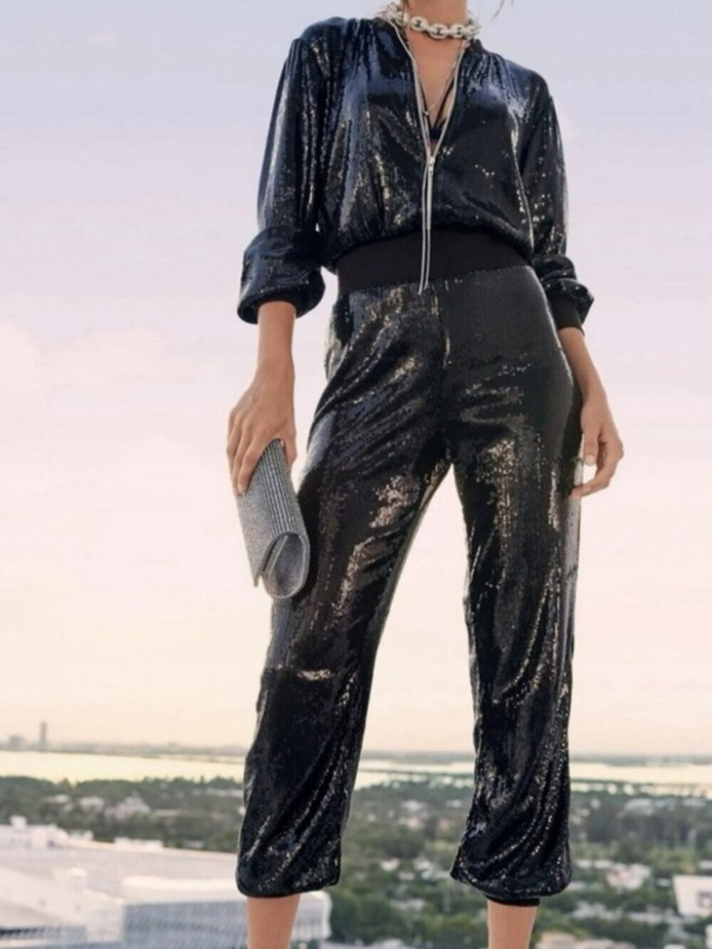 NEW! BLACK SEQUIN JOGGER JUMPSUIT By VENUS SZ L